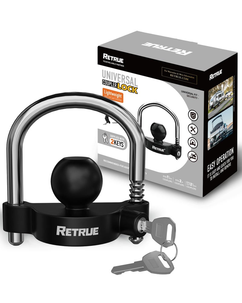 RETRUE Universal Coupler Lock Trailer Locks Ball Hitch Trailer Hitch Lock Adjustable Security Heavy-Duty Steel fits 1-7/8 Inch, 2 Inch, 2-5/16 Inch Couplers, Black - Image 1