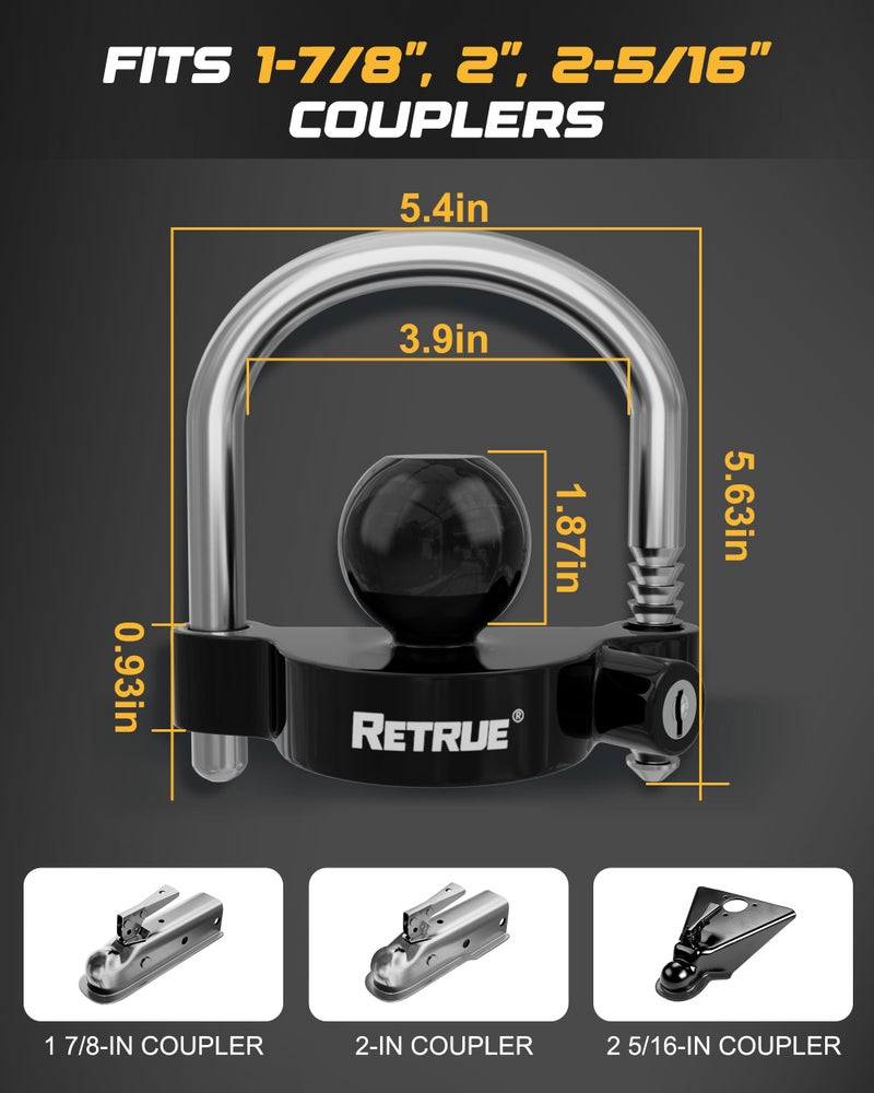 RETRUE Universal Coupler Lock Trailer Locks Ball Hitch Trailer Hitch Lock Adjustable Security Heavy-Duty Steel fits 1-7/8 Inch, 2 Inch, 2-5/16 Inch Couplers, Black - Image 2