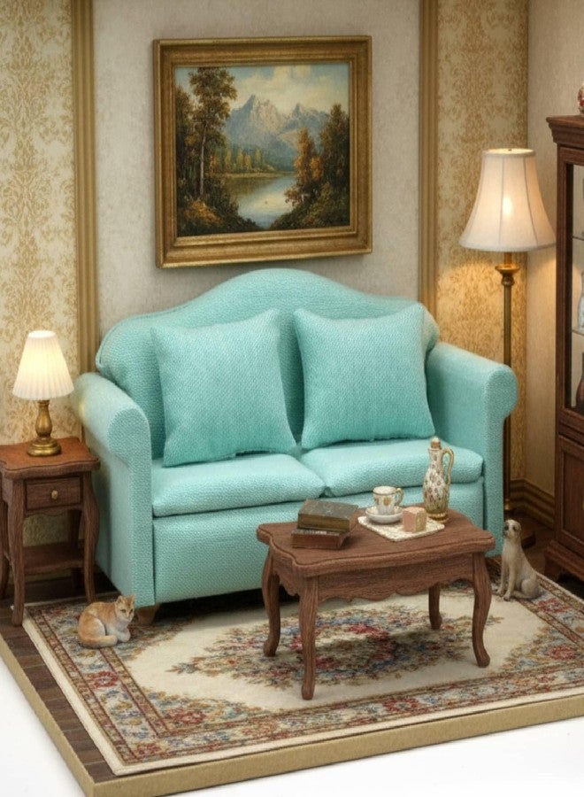 CHAMBERY 1:12 Scale Miniature Couch with Pillows Wooden Sofa Dollhouse Living Room Furniture, Green - Image 5