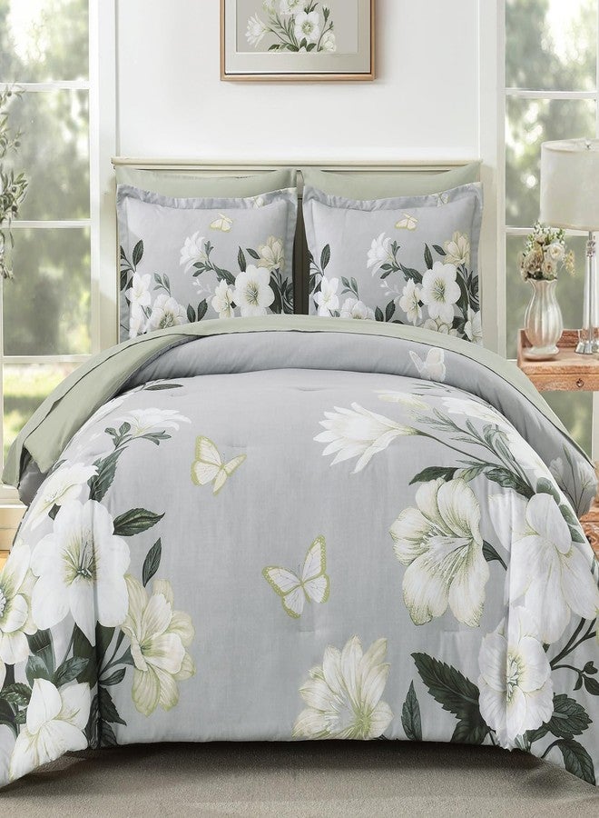 DHSFKBE Floral Comforter Set Queen Size,7 Piece Sage Green Bed in a Bag, Elegant Flower Pattern Comforter Set with Sheet, Soft Microfiber Complete Bedding Sets for All Season - Image 1
