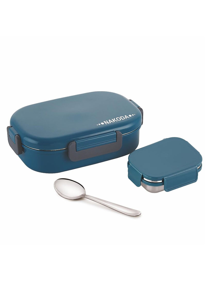 NAKODA SONET 650ML Insulated Stainless Steel School Lunch Box with Spoon and Inner Stainless Steel Container 150ML Blue  - Image 1
