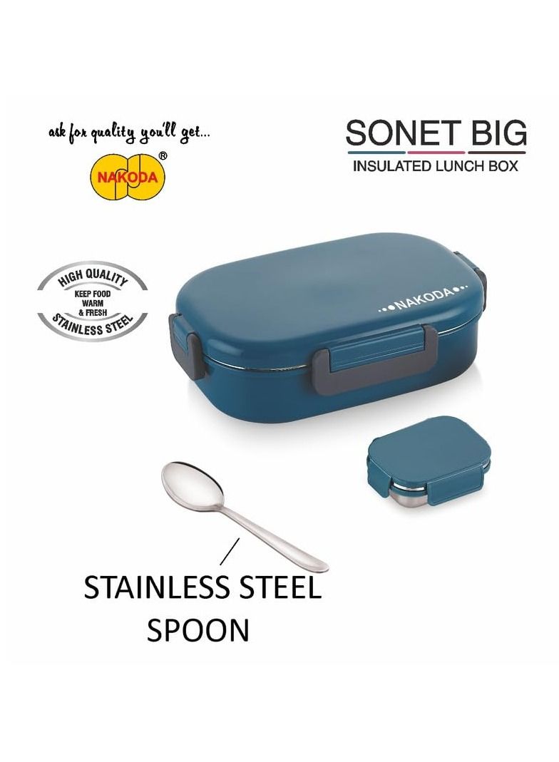 NAKODA SONET 650ML Insulated Stainless Steel School Lunch Box with Spoon and Inner Stainless Steel Container 150ML Blue  - Image 2