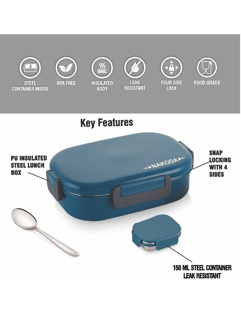 NAKODA SONET 650ML Insulated Stainless Steel School Lunch Box with Spoon and Inner Stainless Steel Container 150ML Blue  - Image 3
