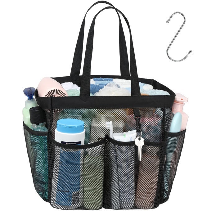 FCOLOR MESH SHOWER CADDY PORTABLE 83 DEEPER POCKETS LARGE SHOWER CADDY BATHROOM CADDY FOR COLLEGE DORM ROOM BATHROOM ESSENTIALS 2 HANDLES SHOWER BAG TOTE FOR GYM RV CAMP WITH S HOOK BLACK