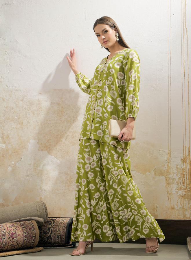 SASSAFRAS Green and White Floral Rayon Shirt with Palazzos Set - Image 2