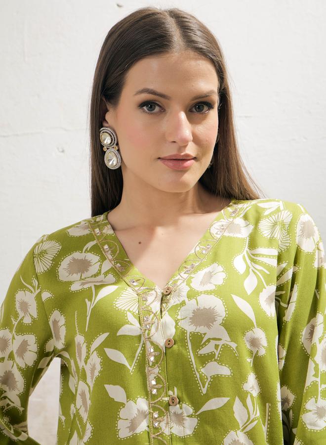 SASSAFRAS Green and White Floral Rayon Shirt with Palazzos Set - Image 4