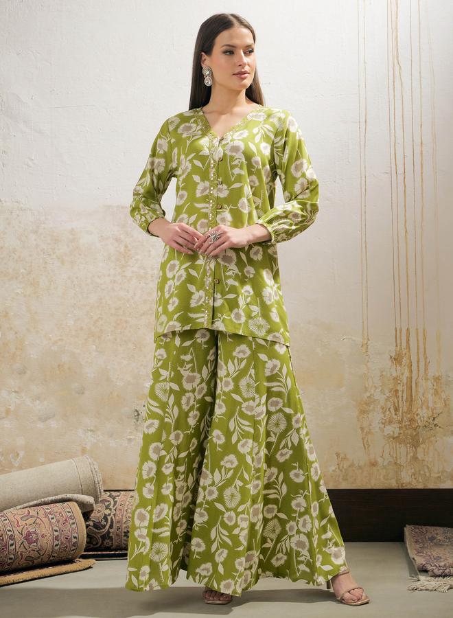 SASSAFRAS Green and White Floral Rayon Shirt with Palazzos Set - Image 1