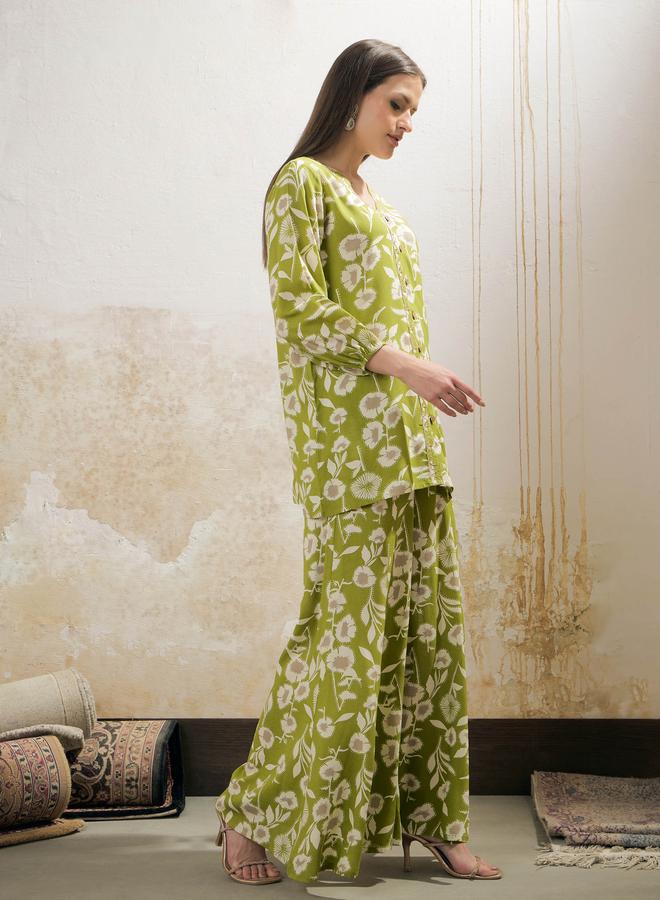 SASSAFRAS Green and White Floral Rayon Shirt with Palazzos Set - Image 3