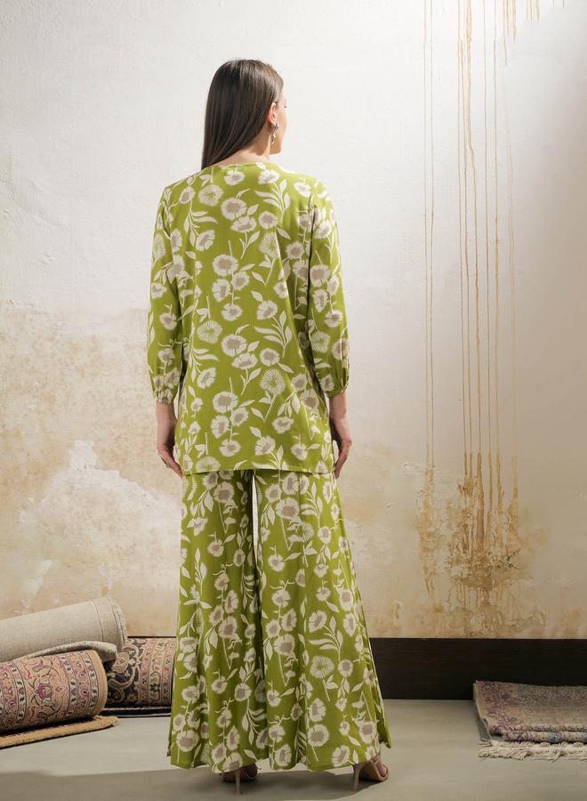 SASSAFRAS Green and White Floral Rayon Shirt with Palazzos Set - Image 5