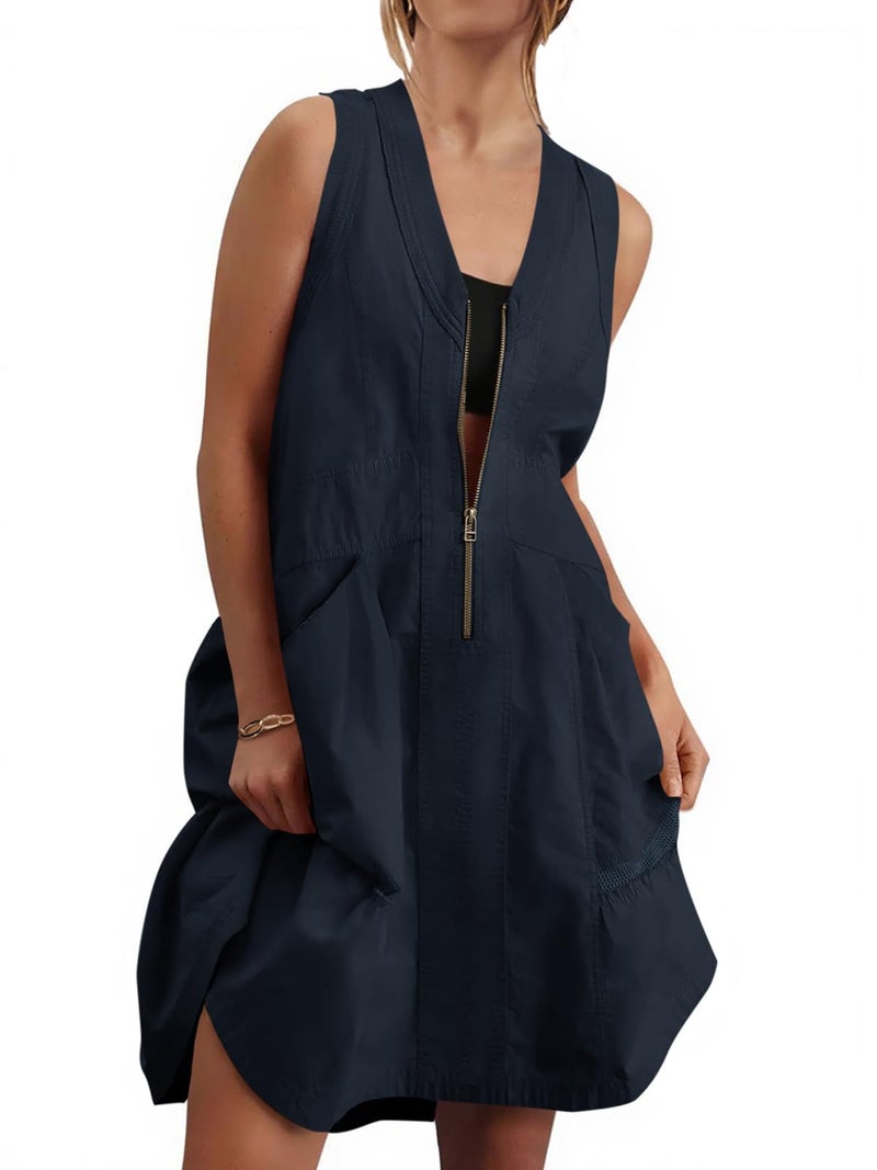 Fisoew Women's Sleeveless Tank Mini Dress Casual Half Zip V Neck Loose Mesh Back Utility Summer Dresses with Pockets Dark Blue - Image 1