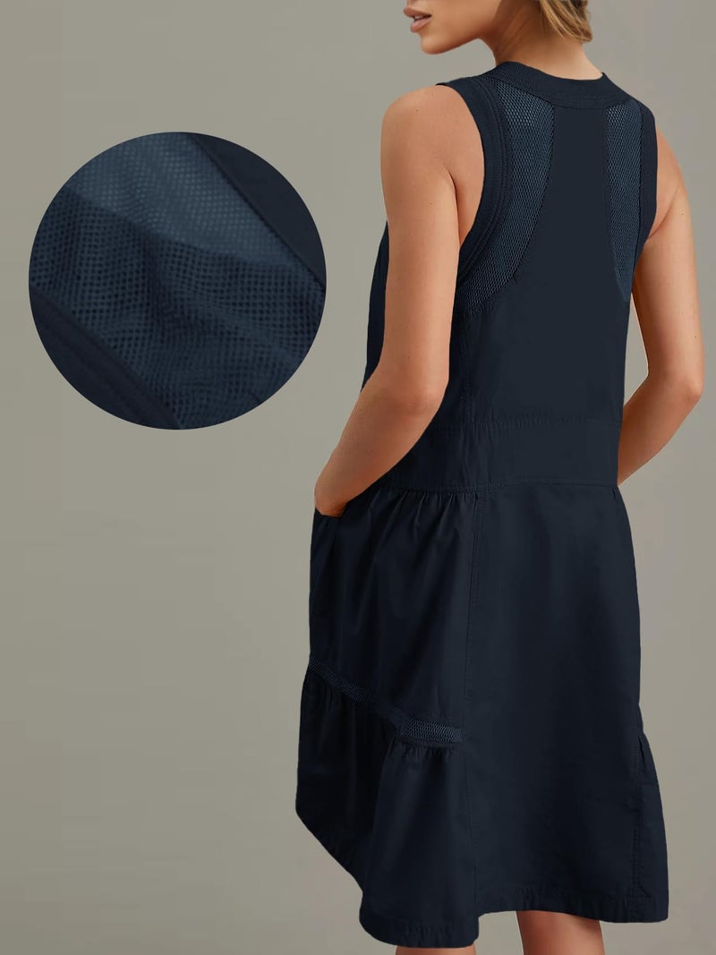 Fisoew Women's Sleeveless Tank Mini Dress Casual Half Zip V Neck Loose Mesh Back Utility Summer Dresses with Pockets Dark Blue - Image 4