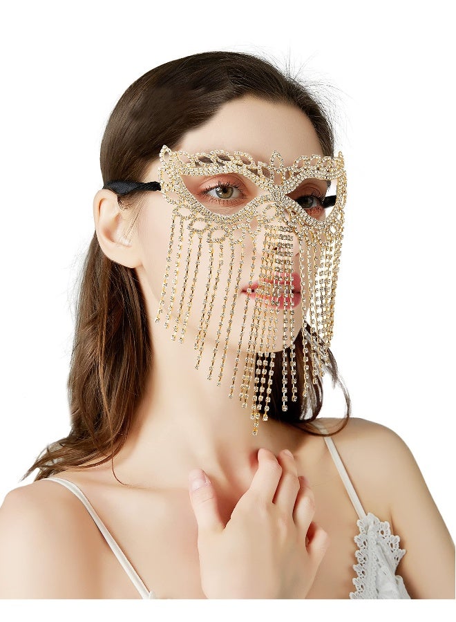 Crystal Chain Mask, Rhinestone Cat Eye Fringe Masquerade, Rhinestone Fringe Masquerade Mask Chain, 1920s Masks for Masquerade Proms, Hallowmas Party, Photo Shoot - Image 1
