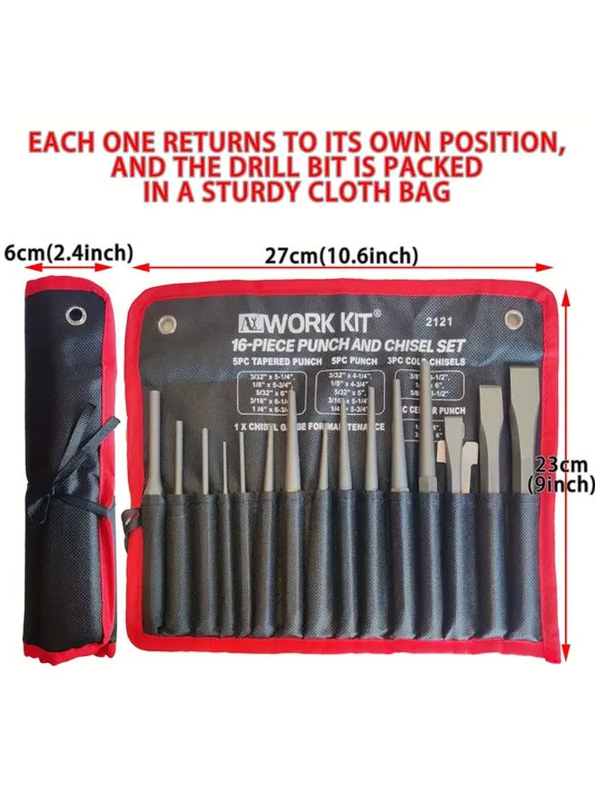 16 Piece Chrome Vanadium Steel Punch And Chisel Set High Hardness Crv Storage Bag - Image 4