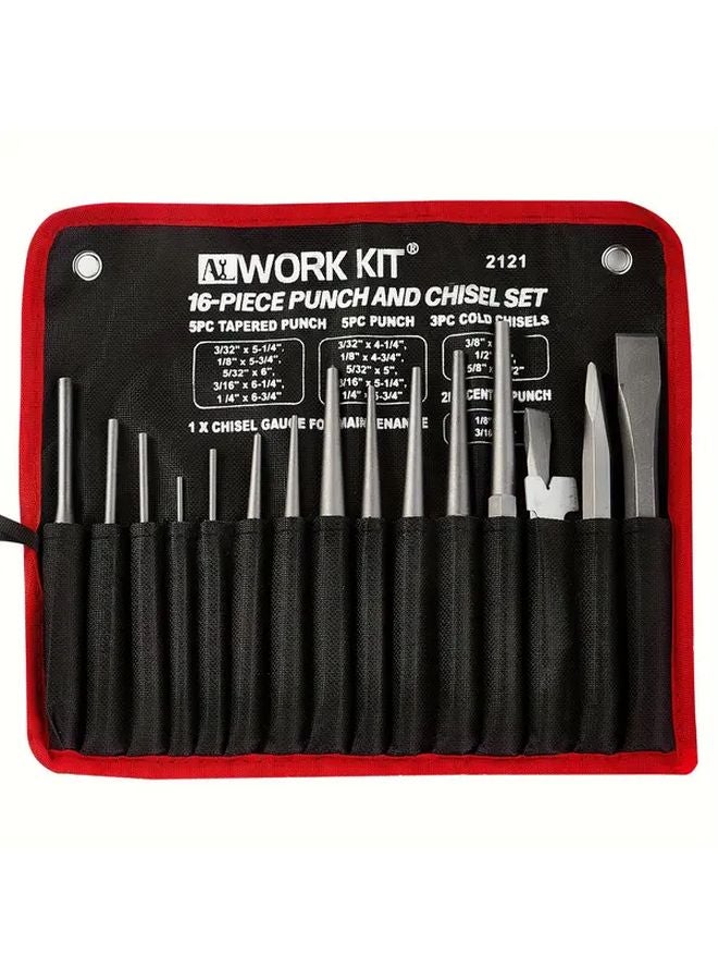 16 Piece Chrome Vanadium Steel Punch And Chisel Set High Hardness Crv Storage Bag - Image 1
