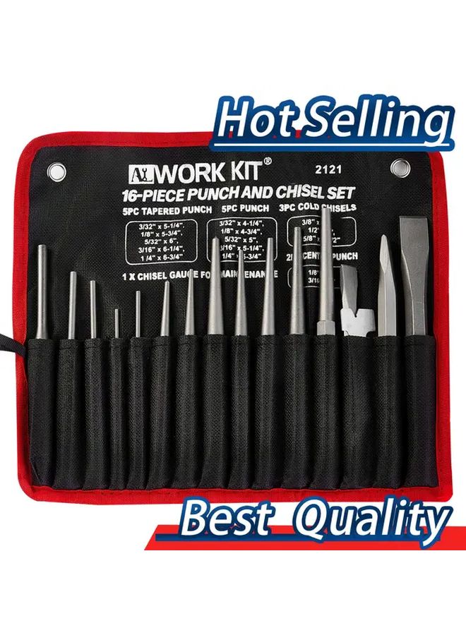 16 Piece Chrome Vanadium Steel Punch And Chisel Set High Hardness Crv Storage Bag - Image 2