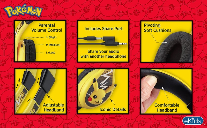 eKids Pokemon Pikachu Wired Kids Headphones, Adjustable, Stereo Sound, 3.5Mm Jack, Tangle-Free, Volume Control, Children's Headband On Ear for School Home, Travel - Image 5