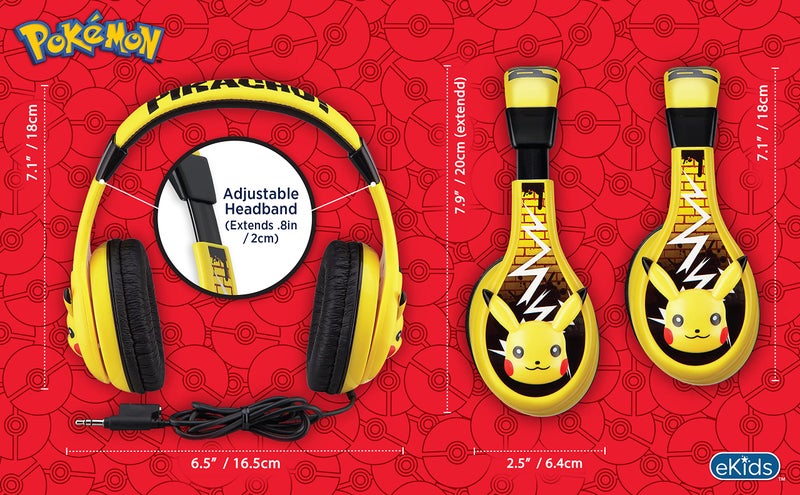 eKids Pokemon Pikachu Wired Kids Headphones, Adjustable, Stereo Sound, 3.5Mm Jack, Tangle-Free, Volume Control, Children's Headband On Ear for School Home, Travel - Image 2