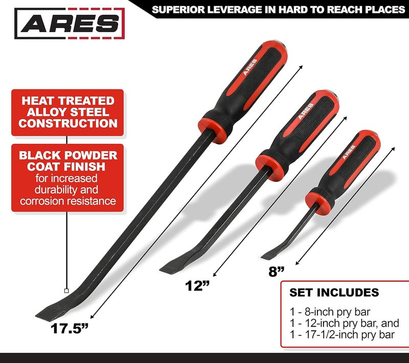 ARES 46008-مجموعة قضبان الرفع 3 قطع - 8 بوصة، 12 بوصة، و 17.5 بوصة - طرف مائل للرفع والفتح - مقبض مريح غير قابل للانزلاق مزدوج الحقن - غطاء نهاية ثقيل الضربات - Image 2