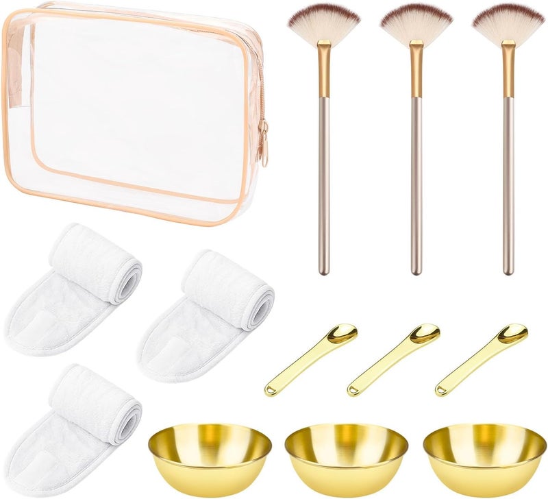 13 Pieces Esthetician Supplies Set Cosmetic Fan Brush for Facial with Headband Mixing Bowls Makeup Spatula Clear Zippered Cosmetic Bag Skincare Applicator Tool Gold White and Pink