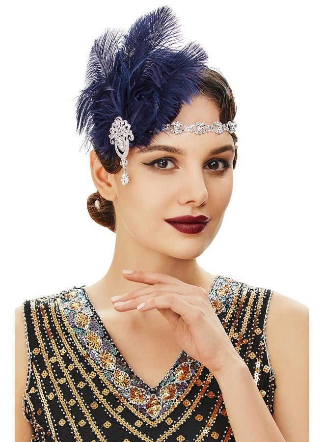 BABEYOND Abeyond Women'S Ostrish Feather Crystal Headband Wedding Bridal Feather Headband Flapper Headpiece 1920S (Navy Blue) - Image 2