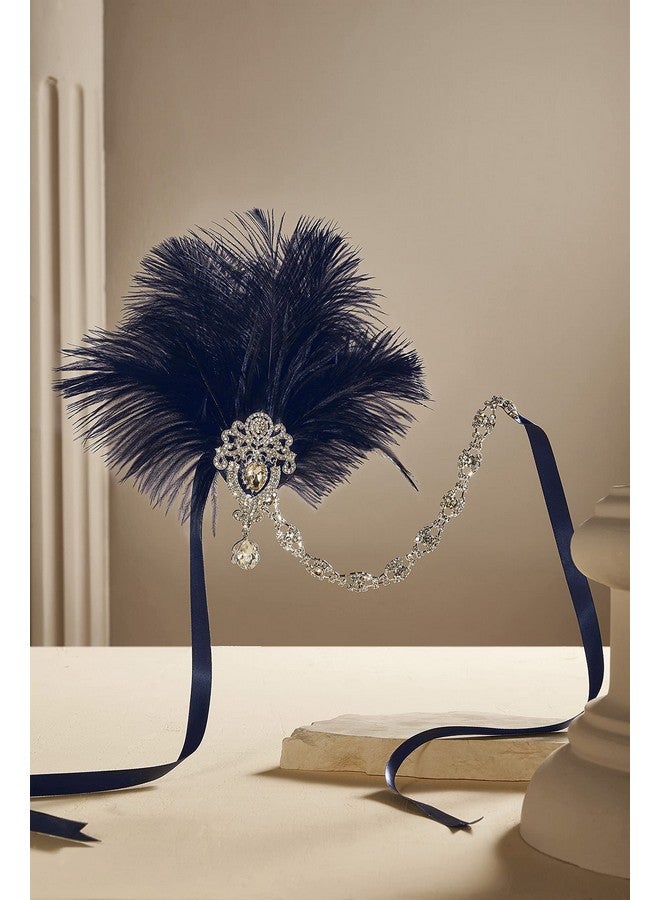 BABEYOND Abeyond Women'S Ostrish Feather Crystal Headband Wedding Bridal Feather Headband Flapper Headpiece 1920S (Navy Blue) - Image 3