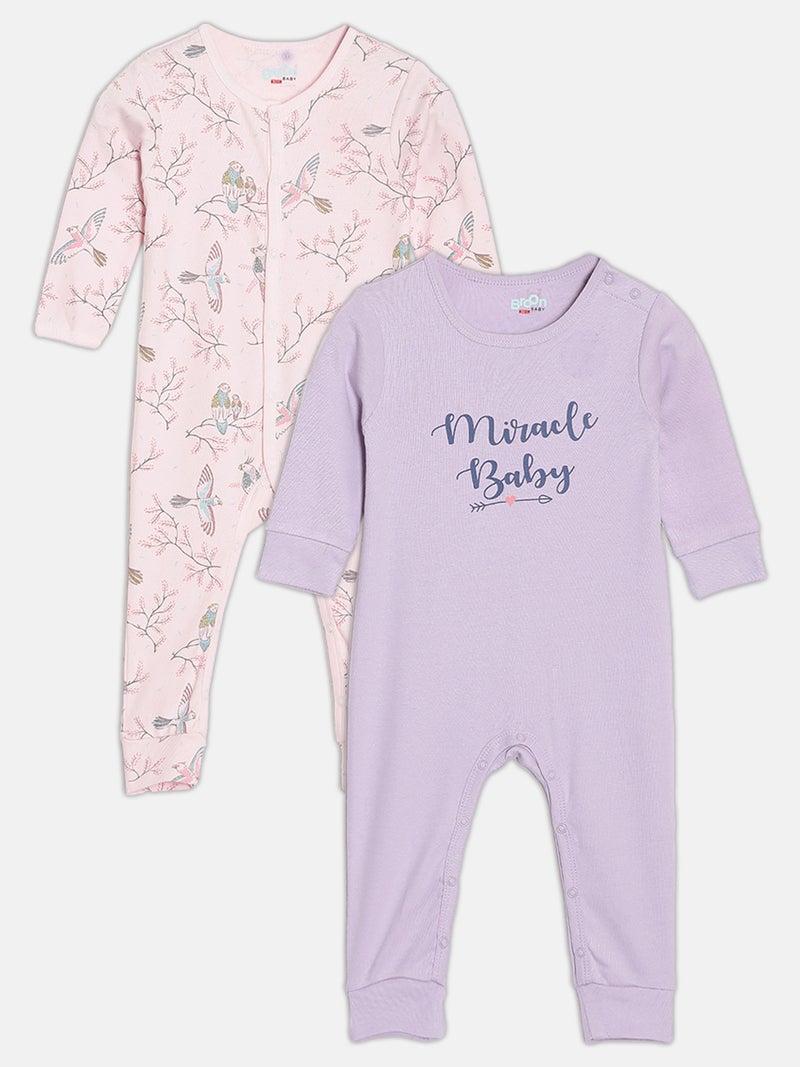 Broon Infant Girls Pink and Purple Printed Organic Cotton Sleepsuit Pack of 2 - Image 1