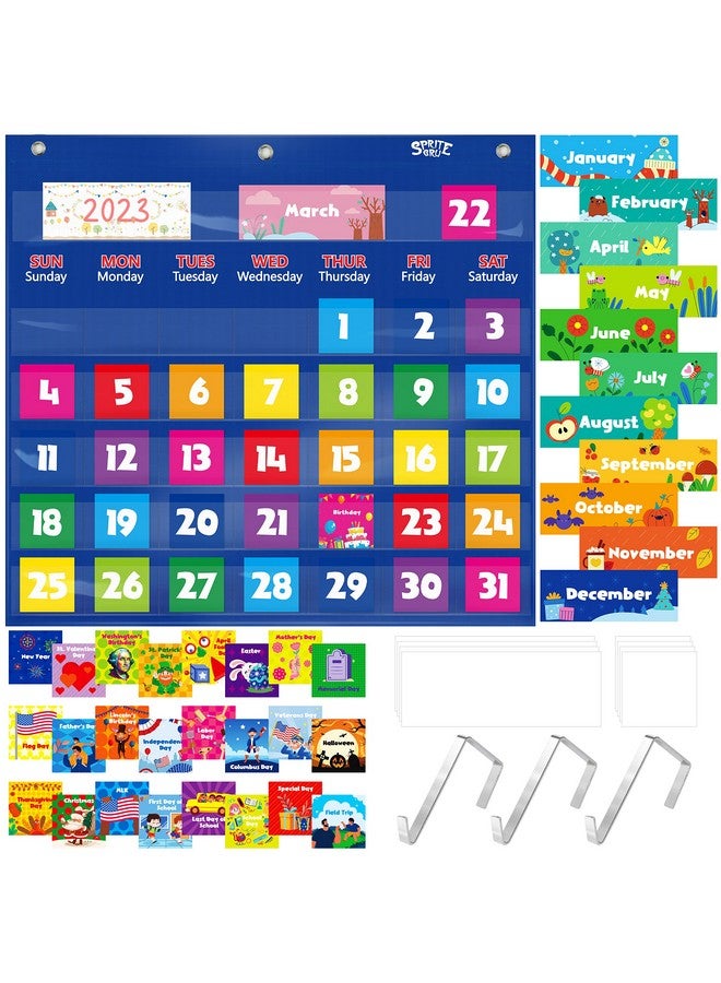 سبرايت جرو مخطط جيب التقويم، مخطط جيب شهري للفصول الدراسية مع 76 بطاقة (68 بطاقة نشاط مصورة، 8 بطاقات فارغة قابلة للمسح الجاف) بالإضافة إلى 3 شماعات معدنية فوق الباب للفصول الدراسية والمنزل ومرحلة ما قبل المدرسة (20 بوصة × 19 بوصة) - Image 1