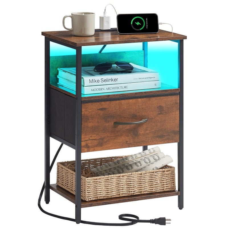 Somdot Nightstand with Charging Station and LED Light for Bedroom Bedside Table End Table for Dorm Guest Room Bedside Kids Laundry Closet Entryway Hallway Wood Grain Print