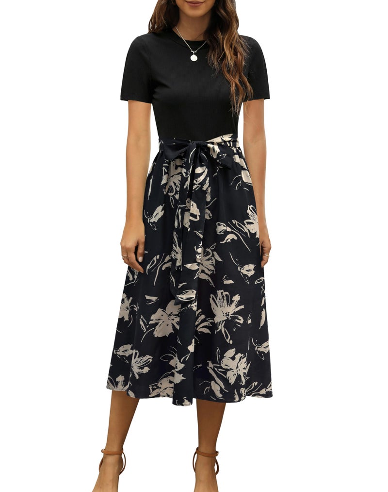 Zattcas Women 2026 Summer Dresses Short Sleeve Ribbed Teacher Church Modest Business Casual Work Outfits Midi Dress with Pockets Blackx M - Image 1