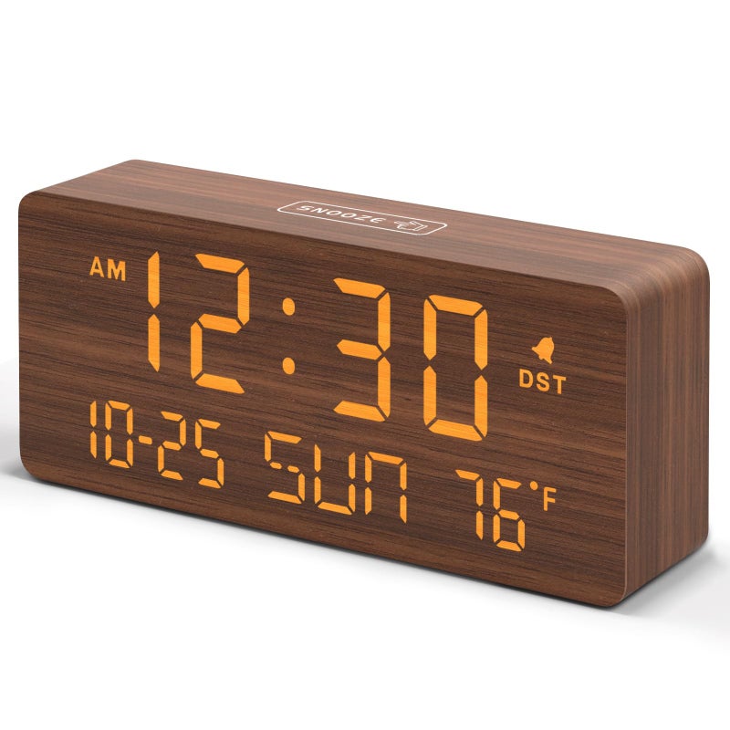 DreamSky Wooden Digital Alarm Clocks for Bedrooms Living Room Desk Clock with Date and Day of Week Temperature USB Port Dimmer Wheel Adjustable Volume Auto DST Wood Decor for Office Table - Image 2