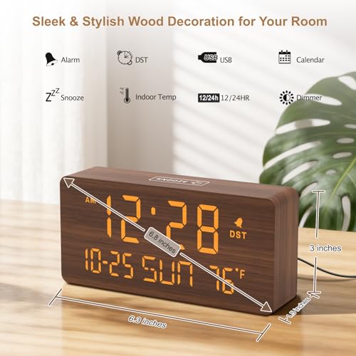 DreamSky Wooden Digital Alarm Clocks for Bedrooms Living Room Desk Clock with Date and Day of Week Temperature USB Port Dimmer Wheel Adjustable Volume Auto DST Wood Decor for Office Table - Image 3