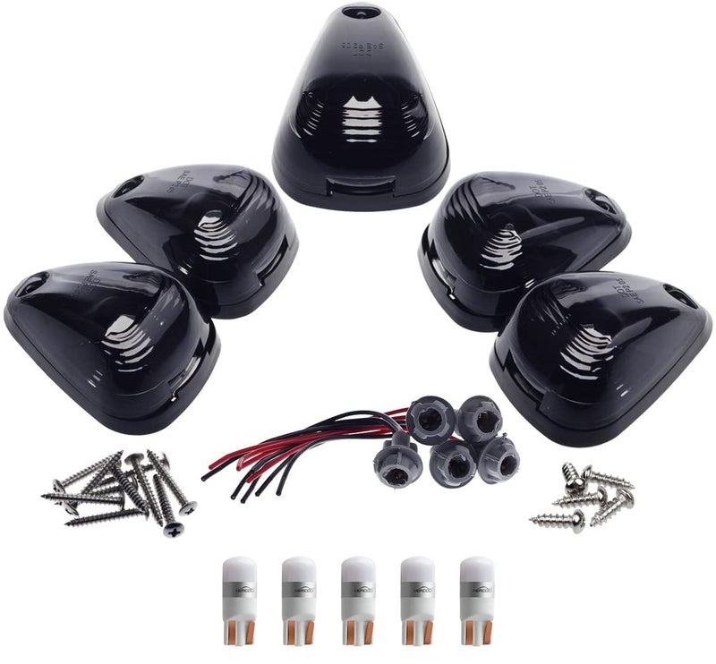 HERCOO Smoke Roof Cab Marker Lights Lens w/LED Assembly Aftermarket Replacement Compatible with F150 F250 F350 F450 F550 Super Duty (Qty:5)