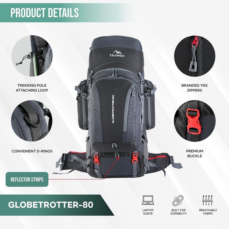 Trawoc Internal Metal & Fiber Frame 80 Liter (70+10) Travel Backpack with Detachable Daypack | Laptop Sleeve, Rain Cover and Shoe Compartment BHK012 - Image 2
