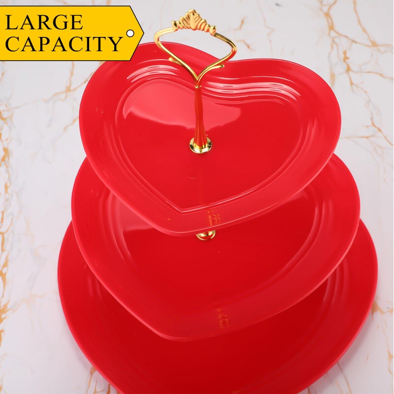 Layhit 1 Pack Valentine's Day 3 Tier Cupcake Stand Heart Shaped 3 Tiered Serving Trays for Party Plastic Tray Dessert Cupcake Stand for Tea Party Baby Shower Wedding (Red) - Image 4