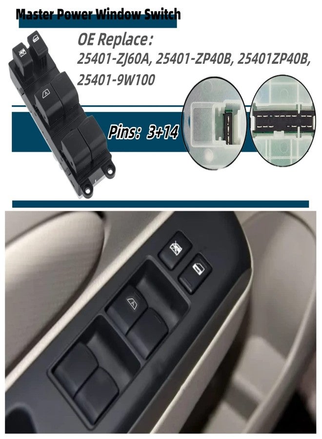 MOJTBE 25401-ZJ60A Driver Side Master Power Window Switch for Nissan Sentra 2008-2012, Nissan Pathfinder 2005-2007, Replace OE 25401-ZE80A, 25401-ZP40B, 25401-9W100, 25401-ZJ60A - Image 2