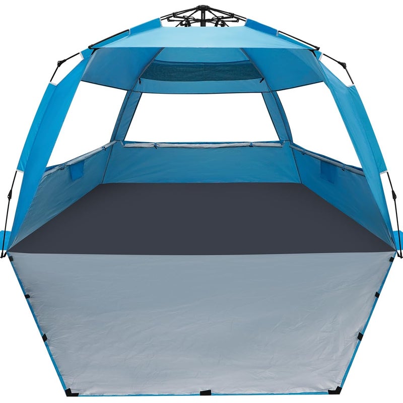 WhiteFang Deluxe XXL Pop Up Beach Tent Sun Shade Shelter for 5-6 Person, UV Protection, Extendable Floor with 3 Ventilating Windows Plus Carrying Bag, Stakes, and Guy Lines (Solid Blue) - Image 1