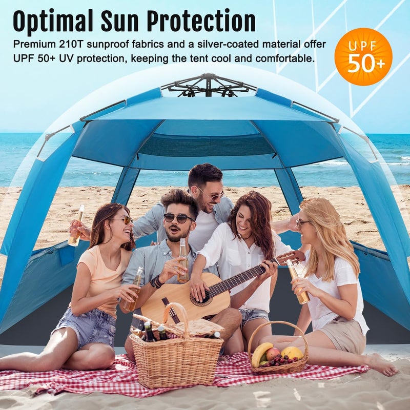 WhiteFang Deluxe XXL Pop Up Beach Tent Sun Shade Shelter for 5-6 Person, UV Protection, Extendable Floor with 3 Ventilating Windows Plus Carrying Bag, Stakes, and Guy Lines (Solid Blue) - Image 3