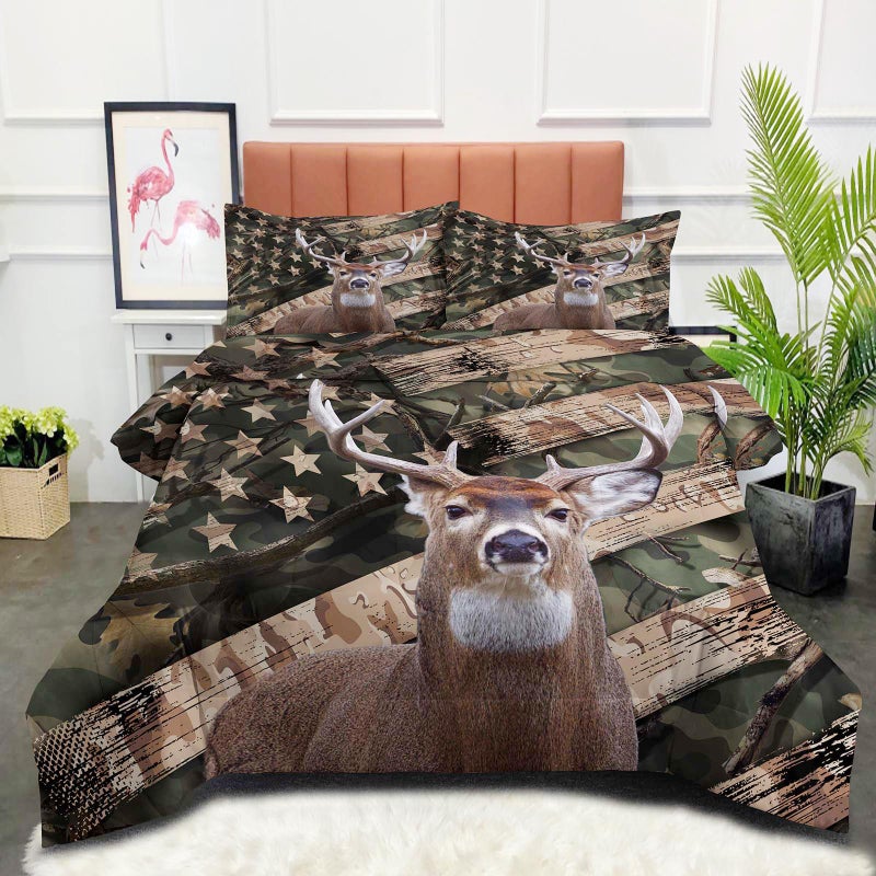 NINENINE مجموعات الفراش Ninenine Camo Deer Sets كاملة الحجم المعزي للعلم الأمريكي للبالغين المراهقين البالغين المراهقين الغربيين غابات الحياة البرية مصطاد مجموعات معزي مع 1 لما بين وساد - Image 1