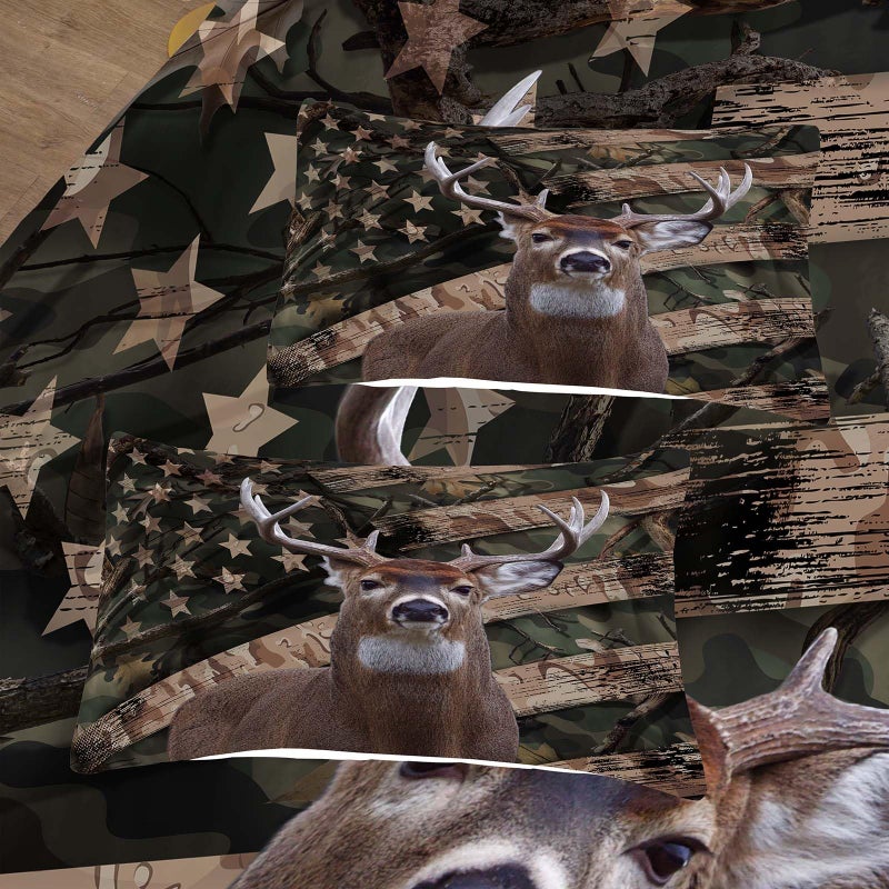 NINENINE مجموعات الفراش Ninenine Camo Deer Sets كاملة الحجم المعزي للعلم الأمريكي للبالغين المراهقين البالغين المراهقين الغربيين غابات الحياة البرية مصطاد مجموعات معزي مع 1 لما بين وساد - Image 4