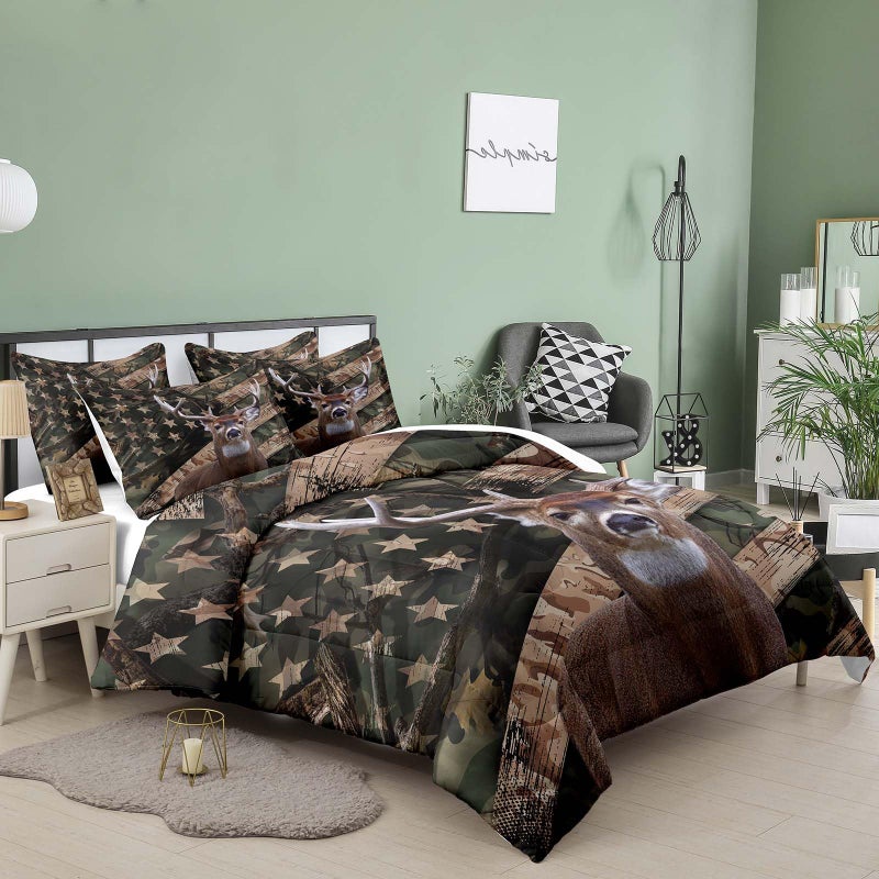 NINENINE مجموعات الفراش Ninenine Camo Deer Sets كاملة الحجم المعزي للعلم الأمريكي للبالغين المراهقين البالغين المراهقين الغربيين غابات الحياة البرية مصطاد مجموعات معزي مع 1 لما بين وساد - Image 2