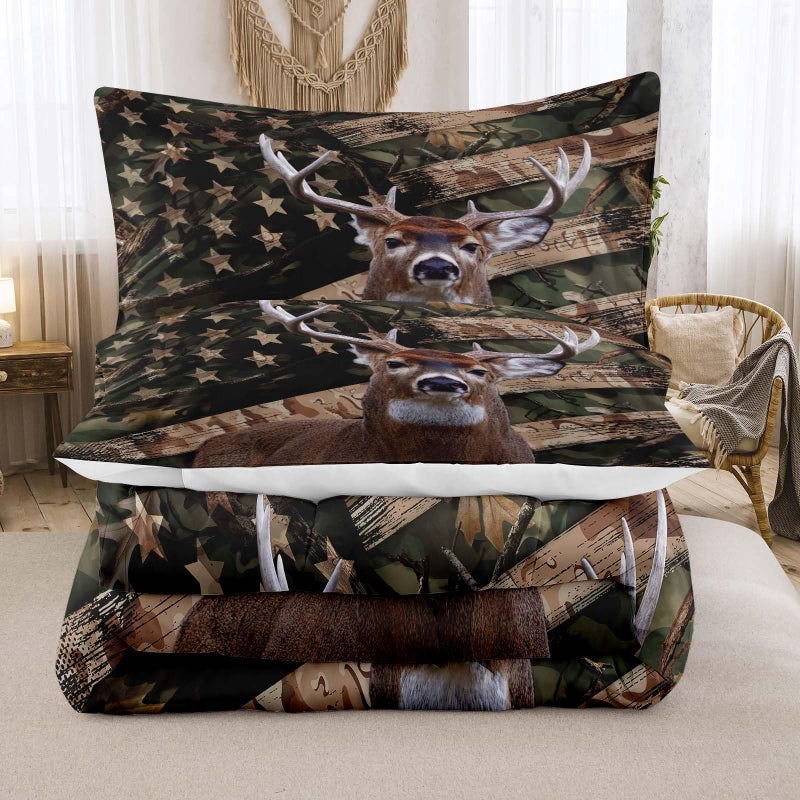 NINENINE مجموعات الفراش Ninenine Camo Deer Sets كاملة الحجم المعزي للعلم الأمريكي للبالغين المراهقين البالغين المراهقين الغربيين غابات الحياة البرية مصطاد مجموعات معزي مع 1 لما بين وساد - Image 3