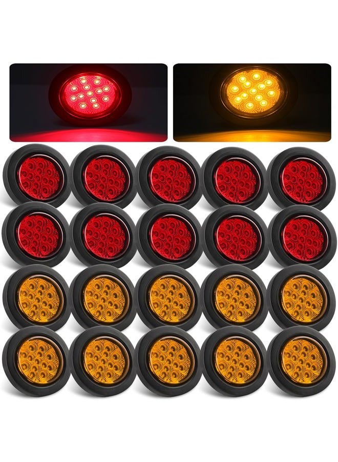 Konrali 2.5" Round LED Marker Lights 13 LEDs w/Reflectors, 10 Amber + 10 Red 2 1/2" Round LED Trailer Marker Lights Truck RV Side Clearance Marker Lights Sealed Flush Grommets Mount w/2 Prong Wire Pigtails - Image 1