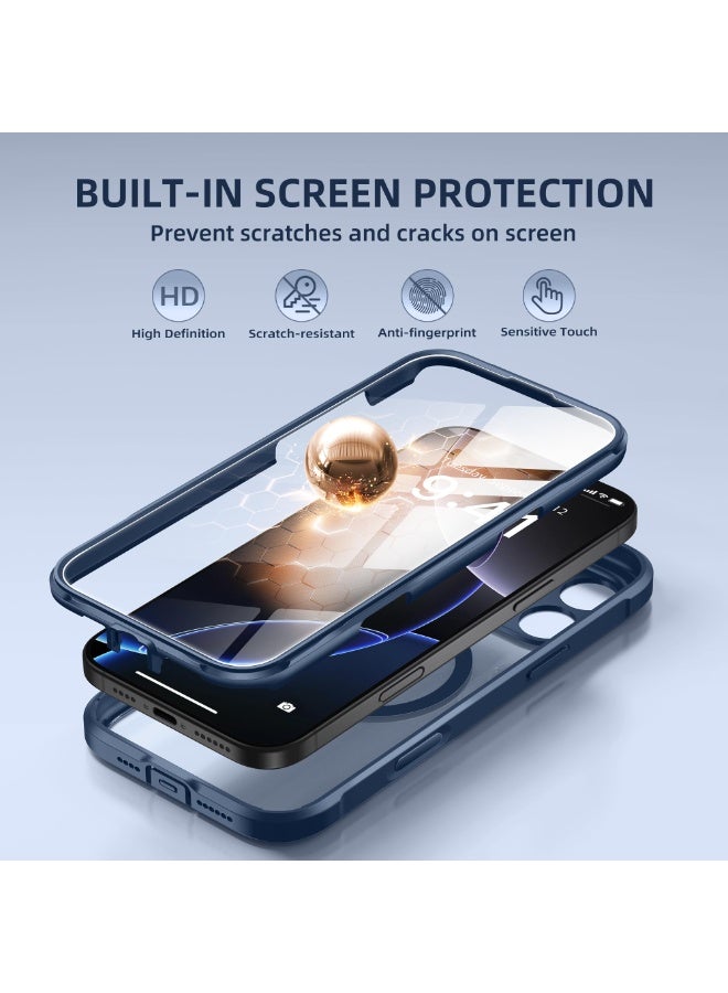 بيرفي جراب مغناطيسي لهاتف iPhone 16 Pro Max، متوافق مع MagSafe، [واقي شاشة مدمج من الزجاج المقوى 9H وحماية مطورة للكاميرا] جراب هاتف كامل الجسم مقاوم للصدمات لهاتف 16 ProMax، أزرق داكن - Image 3