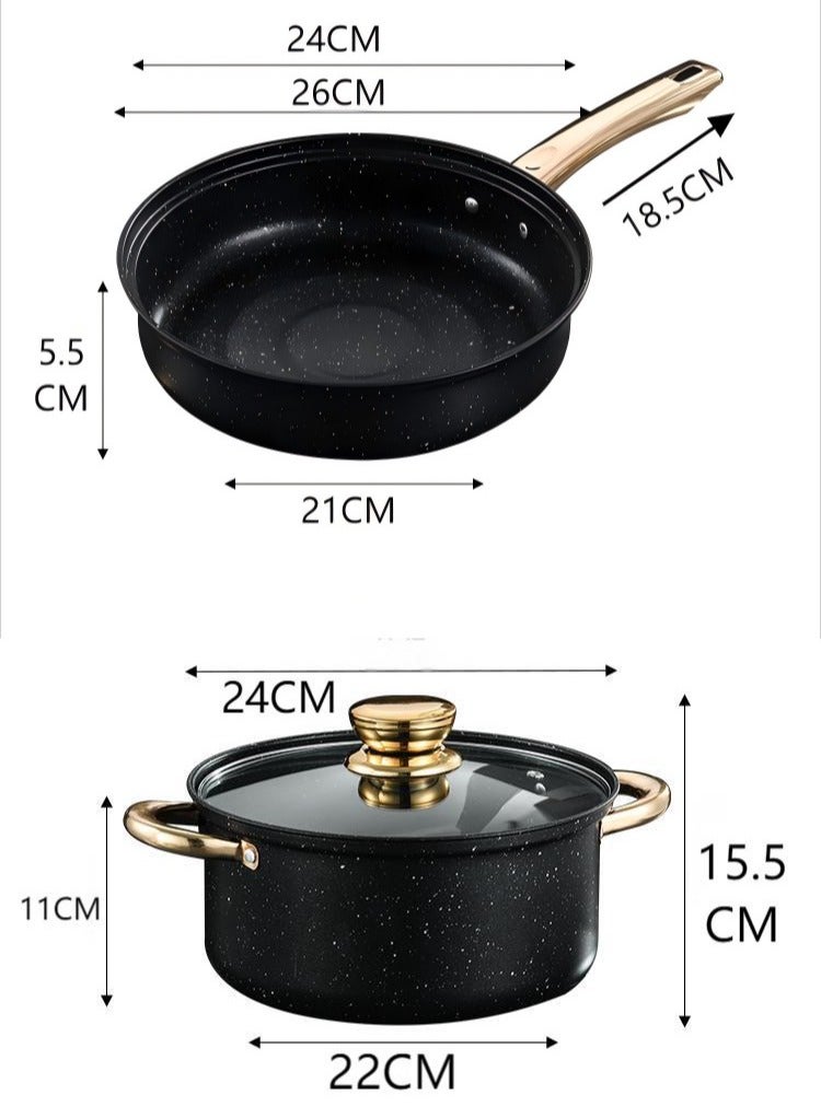 8-Piece Non-Stick Cookware Set with Glass Lids – Premium Black Marble Design with Gold Handles – Includes 18cm Milk Pan, 20cm Saucepot, 24cm Casserole, 26cm Frying Pan – Scratch-Resistant Nonstick Coating for Healthy Oil-Free Cooking – Works with Gas, Induction, Electric and Ceramic Stovetops – High-Grade Aluminum Construction for Fast, Even Heat Distribution – Ergonomic Heat-Resistant Handles – Easy to Clean, Dishwasher Safe – Deep Pot Design for Soups, Stews, Noodles, and More – Modern Elegant Look for Home or Gift – Ideal for Daily Use in Any Kitchen – Lightweight Yet Durable – Tempered Glass Lids for Easy Monitoring – Anti-Slip Grip Handles for Safe Cooking – Perfect for Arabic, Asian, Western and International Cuisine – Stackable Design for Compact Storage – Stylish and Practical Set for New Homes, Apartments, or Upgrades – Suitable for Cooking Rice, Pasta, Sauces, Eggs, Meat, and Vegetables with Comfort and Style  - Image 3