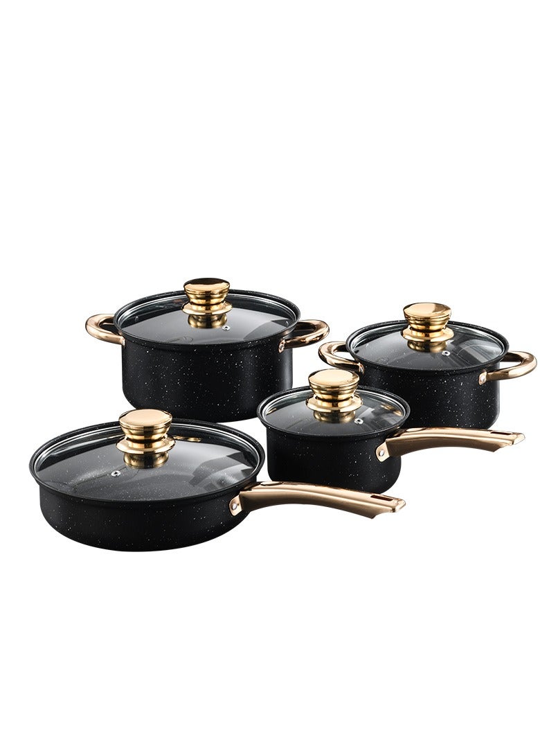8-Piece Non-Stick Cookware Set with Glass Lids – Premium Black Marble Design with Gold Handles – Includes 18cm Milk Pan, 20cm Saucepot, 24cm Casserole, 26cm Frying Pan – Scratch-Resistant Nonstick Coating for Healthy Oil-Free Cooking – Works with Gas, Induction, Electric and Ceramic Stovetops – High-Grade Aluminum Construction for Fast, Even Heat Distribution – Ergonomic Heat-Resistant Handles – Easy to Clean, Dishwasher Safe – Deep Pot Design for Soups, Stews, Noodles, and More – Modern Elegant Look for Home or Gift – Ideal for Daily Use in Any Kitchen – Lightweight Yet Durable – Tempered Glass Lids for Easy Monitoring – Anti-Slip Grip Handles for Safe Cooking – Perfect for Arabic, Asian, Western and International Cuisine – Stackable Design for Compact Storage – Stylish and Practical Set for New Homes, Apartments, or Upgrades – Suitable for Cooking Rice, Pasta, Sauces, Eggs, Meat, and Vegetables with Comfort and Style  - Image 1