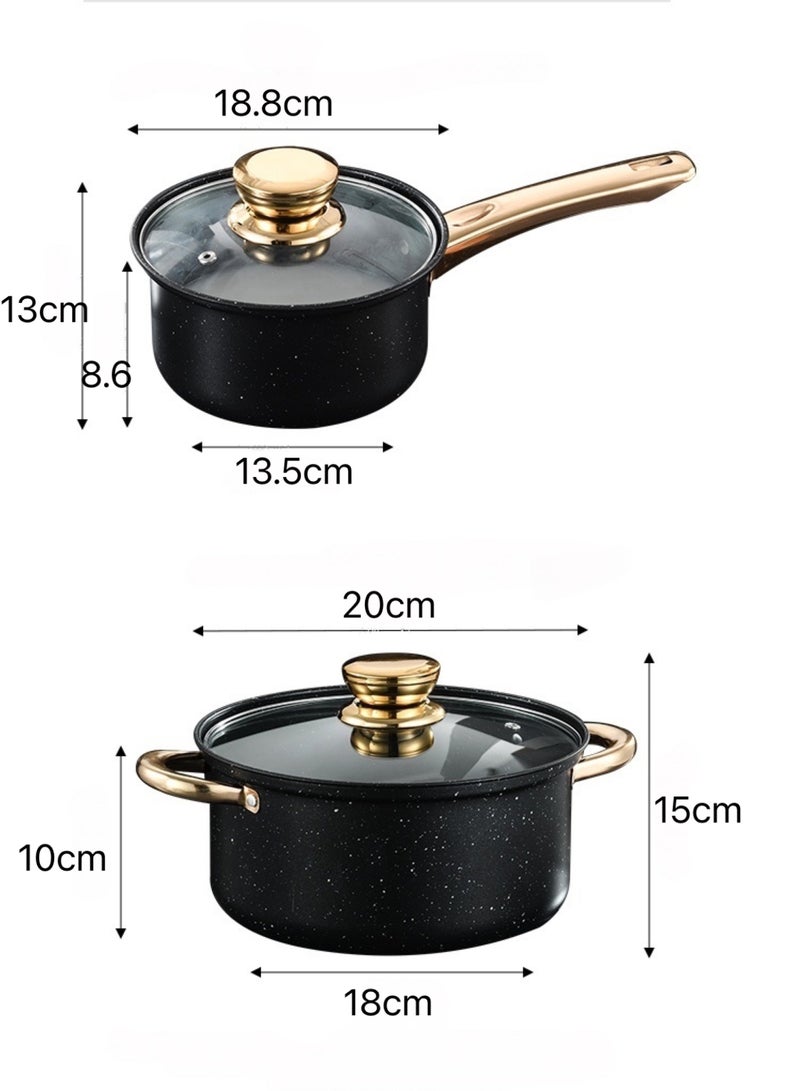 8-Piece Non-Stick Cookware Set with Glass Lids – Premium Black Marble Design with Gold Handles – Includes 18cm Milk Pan, 20cm Saucepot, 24cm Casserole, 26cm Frying Pan – Scratch-Resistant Nonstick Coating for Healthy Oil-Free Cooking – Works with Gas, Induction, Electric and Ceramic Stovetops – High-Grade Aluminum Construction for Fast, Even Heat Distribution – Ergonomic Heat-Resistant Handles – Easy to Clean, Dishwasher Safe – Deep Pot Design for Soups, Stews, Noodles, and More – Modern Elegant Look for Home or Gift – Ideal for Daily Use in Any Kitchen – Lightweight Yet Durable – Tempered Glass Lids for Easy Monitoring – Anti-Slip Grip Handles for Safe Cooking – Perfect for Arabic, Asian, Western and International Cuisine – Stackable Design for Compact Storage – Stylish and Practical Set for New Homes, Apartments, or Upgrades – Suitable for Cooking Rice, Pasta, Sauces, Eggs, Meat, and Vegetables with Comfort and Style  - Image 2