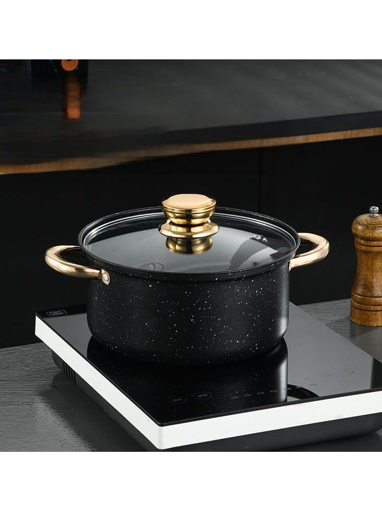 8-Piece Non-Stick Cookware Set with Glass Lids – Premium Black Marble Design with Gold Handles – Includes 18cm Milk Pan, 20cm Saucepot, 24cm Casserole, 26cm Frying Pan – Scratch-Resistant Nonstick Coating for Healthy Oil-Free Cooking – Works with Gas, Induction, Electric and Ceramic Stovetops – High-Grade Aluminum Construction for Fast, Even Heat Distribution – Ergonomic Heat-Resistant Handles – Easy to Clean, Dishwasher Safe – Deep Pot Design for Soups, Stews, Noodles, and More – Modern Elegant Look for Home or Gift – Ideal for Daily Use in Any Kitchen – Lightweight Yet Durable – Tempered Glass Lids for Easy Monitoring – Anti-Slip Grip Handles for Safe Cooking – Perfect for Arabic, Asian, Western and International Cuisine – Stackable Design for Compact Storage – Stylish and Practical Set for New Homes, Apartments, or Upgrades – Suitable for Cooking Rice, Pasta, Sauces, Eggs, Meat, and Vegetables with Comfort and Style  - Image 5