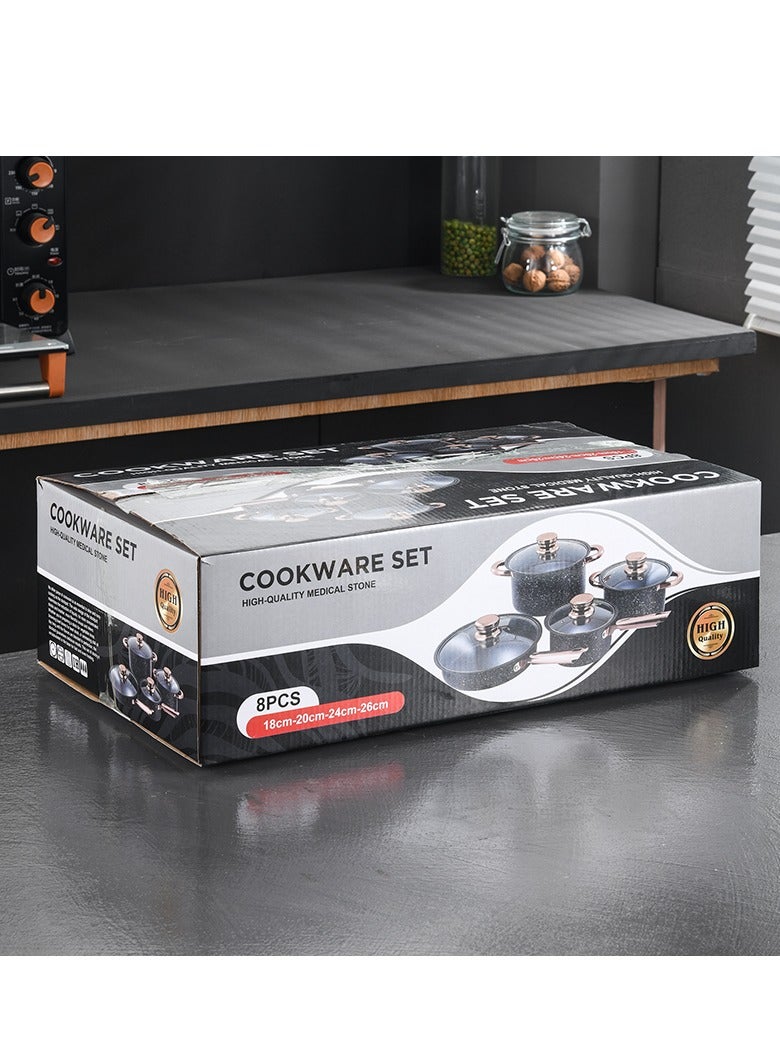 8-Piece Non-Stick Cookware Set with Glass Lids – Premium Black Marble Design with Gold Handles – Includes 18cm Milk Pan, 20cm Saucepot, 24cm Casserole, 26cm Frying Pan – Scratch-Resistant Nonstick Coating for Healthy Oil-Free Cooking – Works with Gas, Induction, Electric and Ceramic Stovetops – High-Grade Aluminum Construction for Fast, Even Heat Distribution – Ergonomic Heat-Resistant Handles – Easy to Clean, Dishwasher Safe – Deep Pot Design for Soups, Stews, Noodles, and More – Modern Elegant Look for Home or Gift – Ideal for Daily Use in Any Kitchen – Lightweight Yet Durable – Tempered Glass Lids for Easy Monitoring – Anti-Slip Grip Handles for Safe Cooking – Perfect for Arabic, Asian, Western and International Cuisine – Stackable Design for Compact Storage – Stylish and Practical Set for New Homes, Apartments, or Upgrades – Suitable for Cooking Rice, Pasta, Sauces, Eggs, Meat, and Vegetables with Comfort and Style  - Image 4