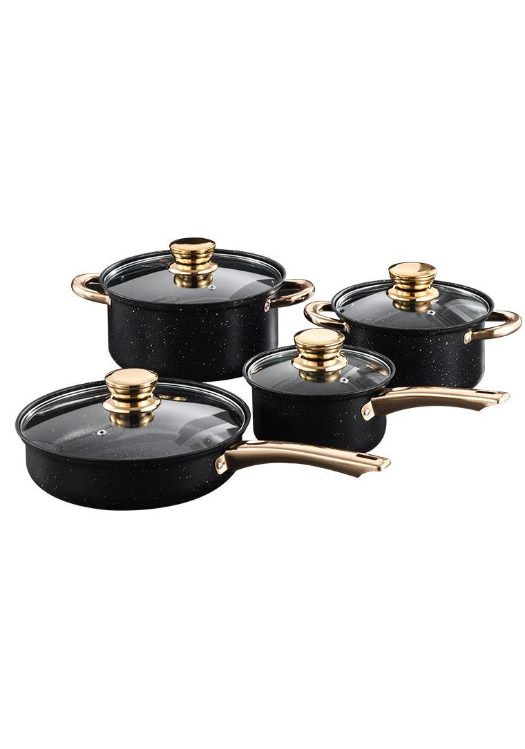 مجموعة أواني طهي غير لاصقة من 8 قطع بأغطية زجاجية - تصميم رخامي أسود فاخر بمقابض ذهبية - تتضمن قدر حليب 18 سم، قدر صلصة 20 سم، طاجن 24 سم، مقلاة 26 سم - طلاء غير لاصق مقاوم للخدش لطهي صحي بدون زيت - يعمل مع مواقد الغاز والحث والكهرباء والسيراميك - هيكل من الألومنيوم عالي الجودة لتوزيع سريع ومتساوي للحرارة - مقابض مريحة مقاومة للحرارة - سهلة التنظيف وآمنة للغسل في غسالة الأطباق - تصميم وعاء عميق للحساء واليخنات والمعكرونة والمزيد - مظهر عصري أنيق للمنزل أو هدية - مثالي للاستخدام اليومي في أي مطبخ - خفيف الوزن ولكنه متين - أغطية زجاجية مقواة لسهولة المراقبة - مقابض مانعة للانزلاق للطهي الآمن - مثالية للمأكولات العربية والآسيوية والغربية والعالمية - تصميم قابل للتكديس للتخزين المدمج - مجموعة أنيقة وعملية للمنازل الجديدة أو الشقق أو الترقيات - مناسبة لطهي الأرز والمعكرونة والصلصات والبيض، اللحوم والخضروات مع الراحة والأناقة - Image 1