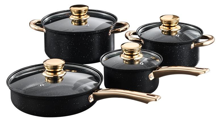 8-Piece Non-Stick Cookware Set with Glass Lids – Premium Black Marble Design with Gold Handles – Includes 18cm Milk Pan, 20cm Saucepot, 24cm Casserole, 26cm Frying Pan – Scratch-Resistant Nonstick Coating for Healthy Oil-Free Cooking – Works with Gas, Induction, Electric and Ceramic Stovetops – High-Grade Aluminum Construction for Fast, Even Heat Distribution – Ergonomic Heat-Resistant Handles – Easy to Clean, Dishwasher Safe – Deep Pot Design for Soups, Stews, Noodles, and More – Modern Elegant Look for Home or Gift – Ideal for Daily Use in Any Kitchen – Lightweight Yet Durable – Tempered Glass Lids for Easy Monitoring – Anti-Slip Grip Handles for Safe Cooking – Perfect for Arabic, Asian, Western and International Cuisine – Stackable Design for Compact Storage – Stylish and Practical Set for New Homes, Apartments, or Upgrades – Suitable for Cooking Rice, Pasta, Sauces, Eggs, Meat, and Vegetables with Comfort and Style - Image 1